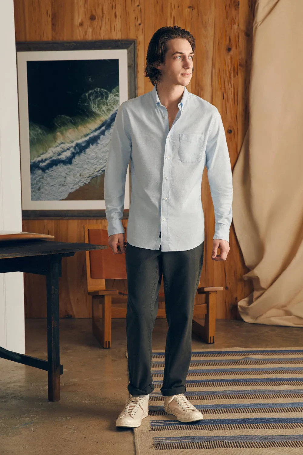 Faherty Short Sleeve Supima Oxford Shirt in Blue Heather