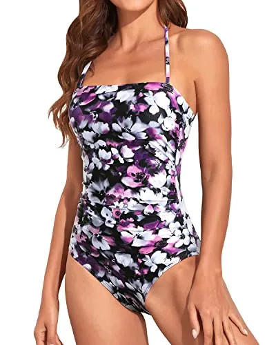 Women's Full Coverage Swimsuit Strapless Bandeau Bathing Suit-Purple Flowers